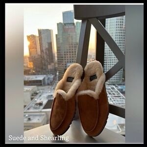 Eileen Fisher Suede Shearling Lamb Fur Slide Slip on Mules Brown - 7